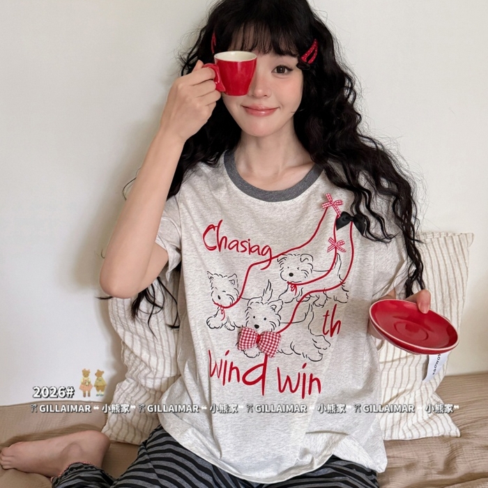 91家纺网 家纺一手货源 找家纺 （总）妍景家居生活馆 2026新款莱赛尔冰丝棉睡衣两件套遛遛狗