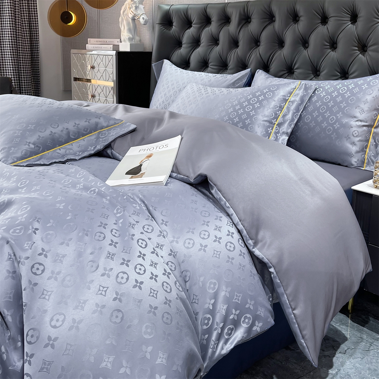 91家纺网 家纺一手货源 找家纺 经年 2026新款60S贡缎提花水洗真丝四件套 艾诺维-浅石灰