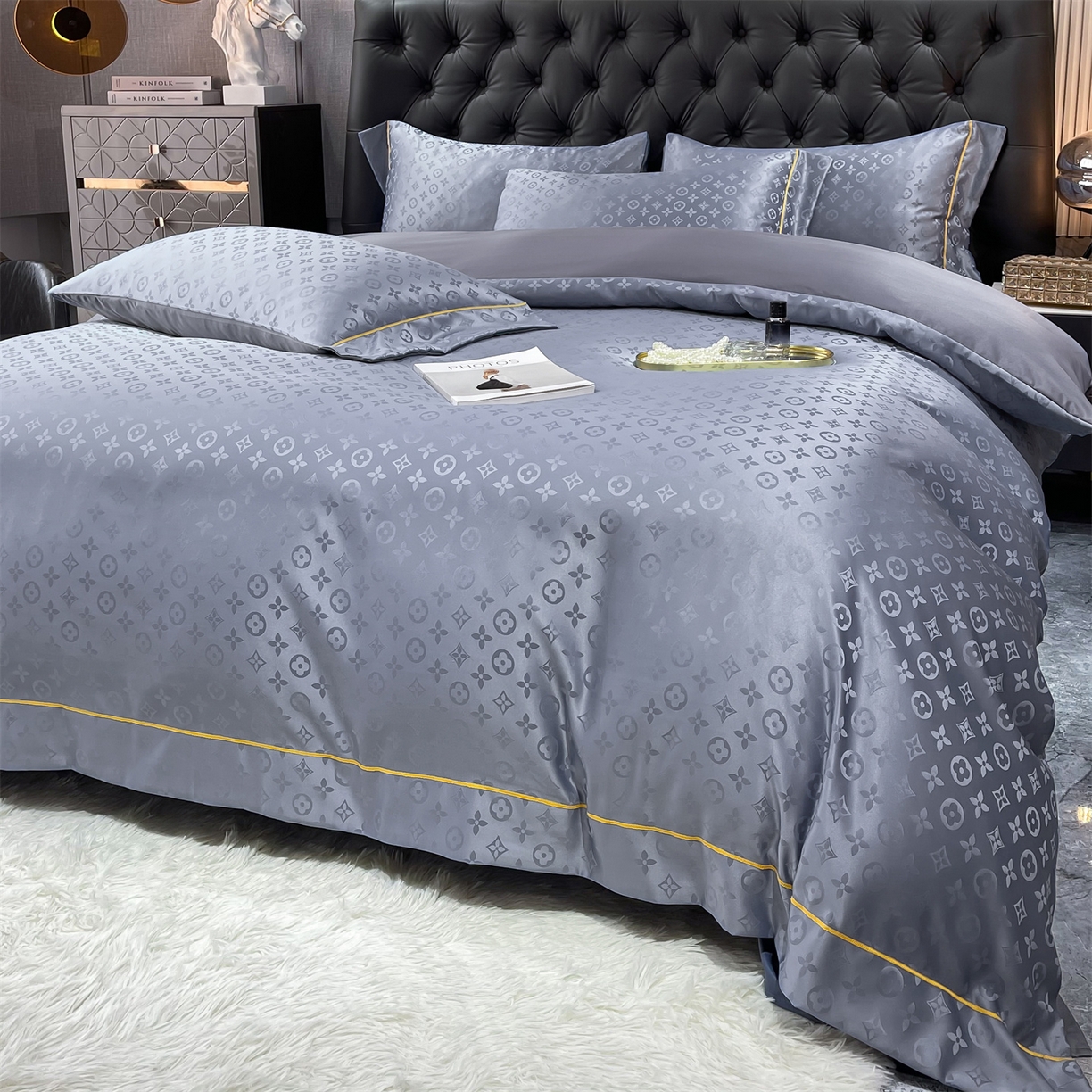 91家纺网 家纺一手货源 找家纺 经年 2026新款60S贡缎提花水洗真丝四件套 艾诺维-浅石灰