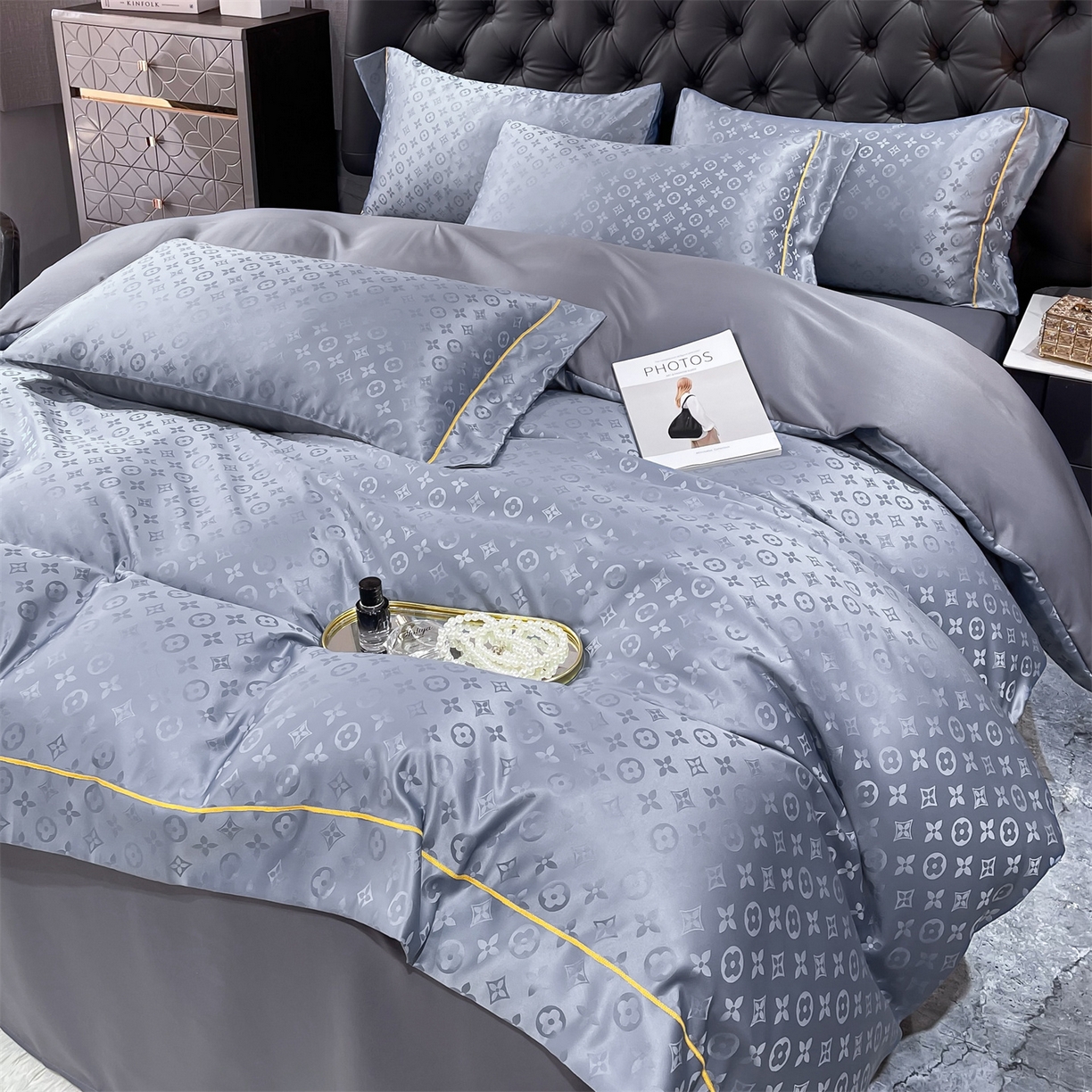 91家纺网 家纺一手货源 找家纺 经年 2026新款60S贡缎提花水洗真丝四件套 艾诺维-浅石灰