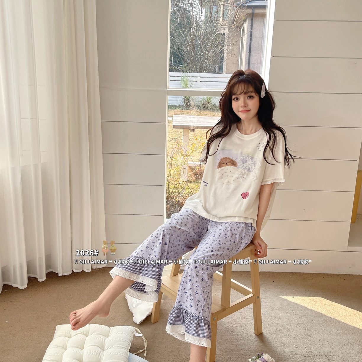 91家纺网 家纺一手货源 找家纺 妍景家居生活馆 2026新款莱赛尔冰丝棉睡衣两件套午睡小狗 午睡小狗-紫色