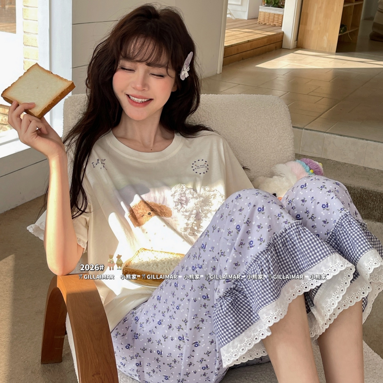 91家纺网 家纺一手货源 找家纺 妍景家居生活馆 2026新款莱赛尔冰丝棉睡衣两件套午睡小狗 午睡小狗-紫色