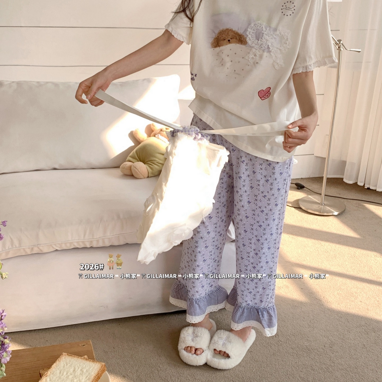 91家纺网 家纺一手货源 找家纺 妍景家居生活馆 2026新款莱赛尔冰丝棉睡衣两件套午睡小狗 午睡小狗-紫色