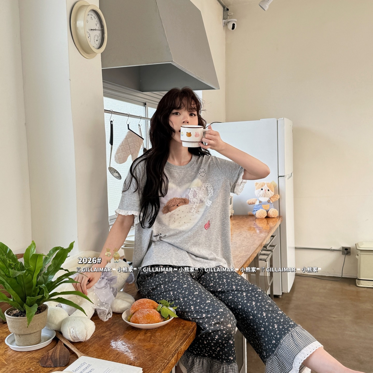 91家纺网 家纺一手货源 找家纺 妍景家居生活馆 2026新款莱赛尔冰丝棉睡衣两件套午睡小狗 深灰