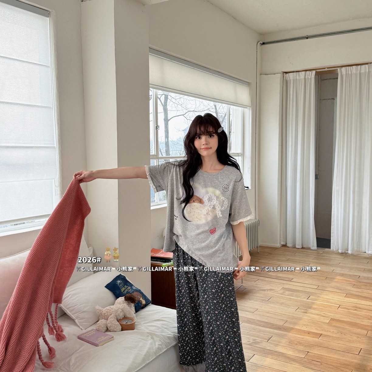 91家纺网 家纺一手货源 找家纺 妍景家居生活馆 2026新款莱赛尔冰丝棉睡衣两件套午睡小狗 深灰