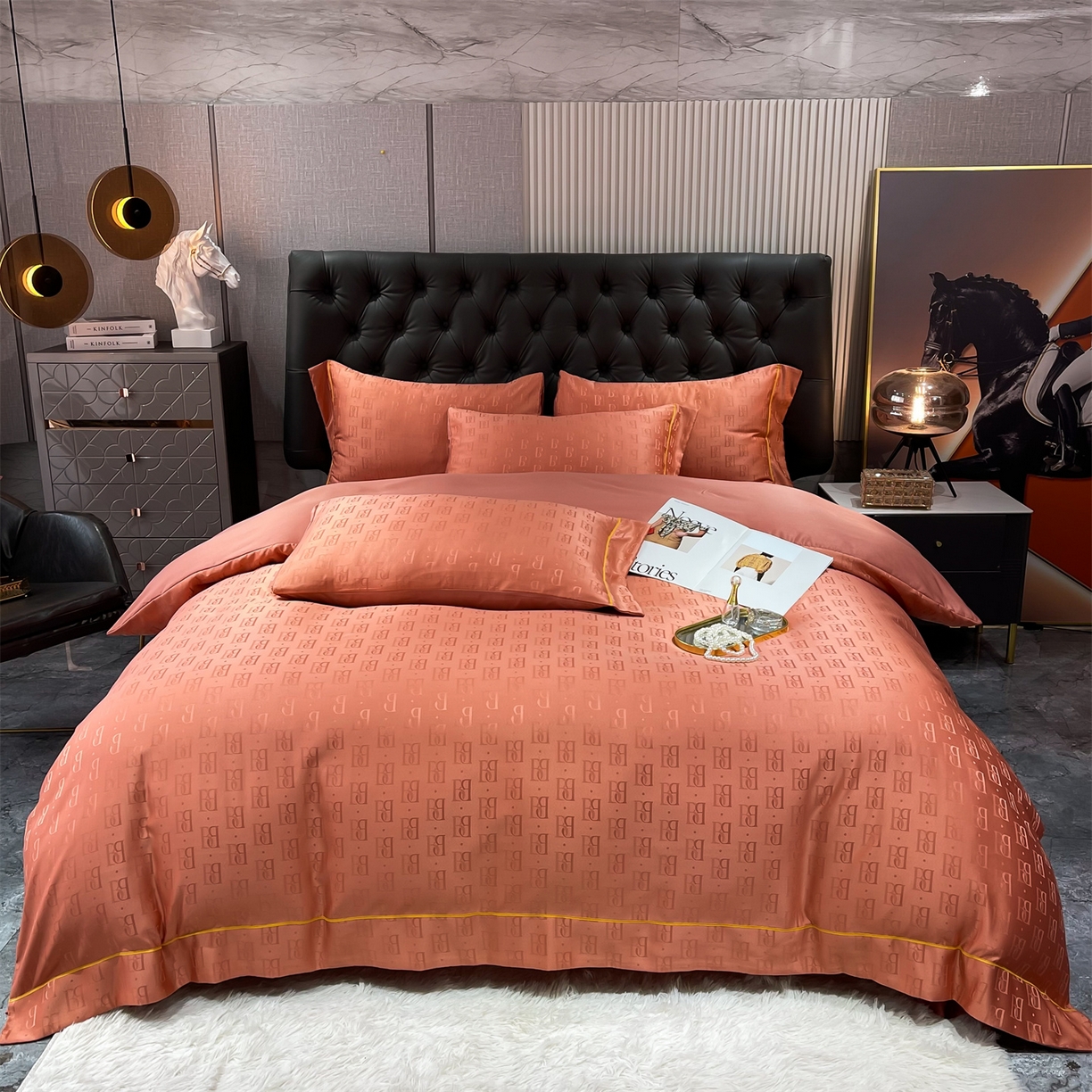 91家纺网 家纺一手货源 找家纺 经年 2026新款60S贡缎提花水洗真丝四件套 巴格莉-艾玛橙