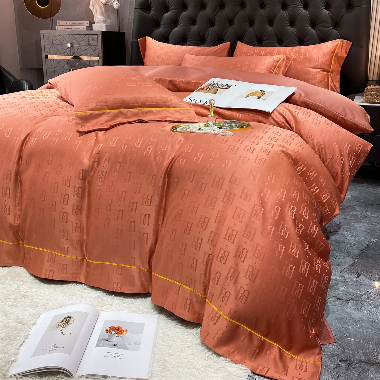 91家纺网 家纺一手货源 找家纺 经年 2026新款60S贡缎提花水洗真丝四件套 巴格莉-艾玛橙