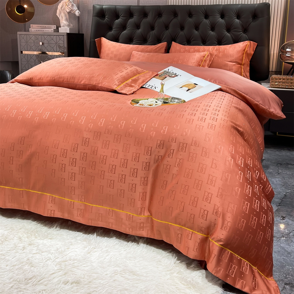 91家纺网 家纺一手货源 找家纺 经年 2026新款60S贡缎提花水洗真丝四件套 巴格莉-艾玛橙