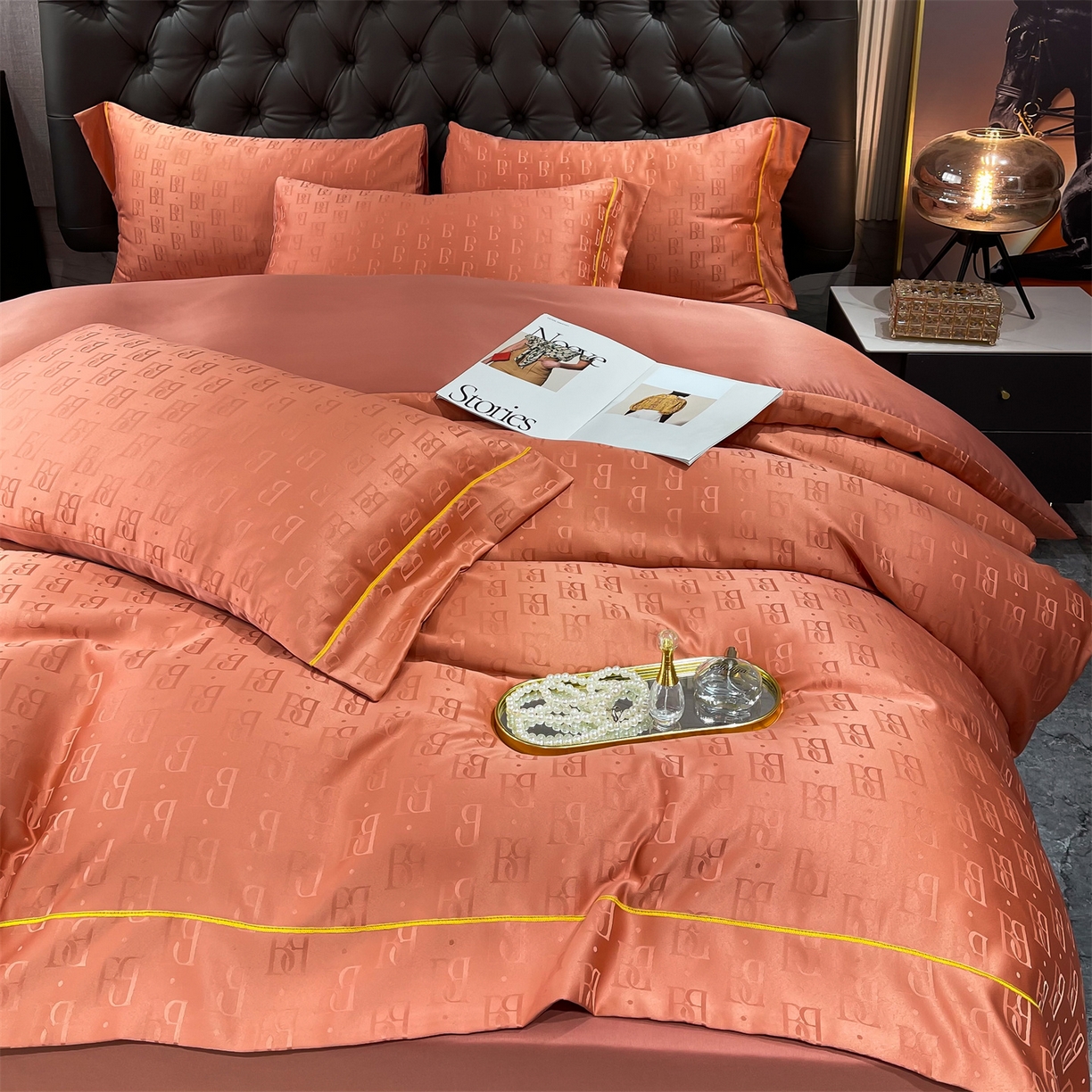 91家纺网 家纺一手货源 找家纺 经年 2026新款60S贡缎提花水洗真丝四件套 巴格莉-艾玛橙