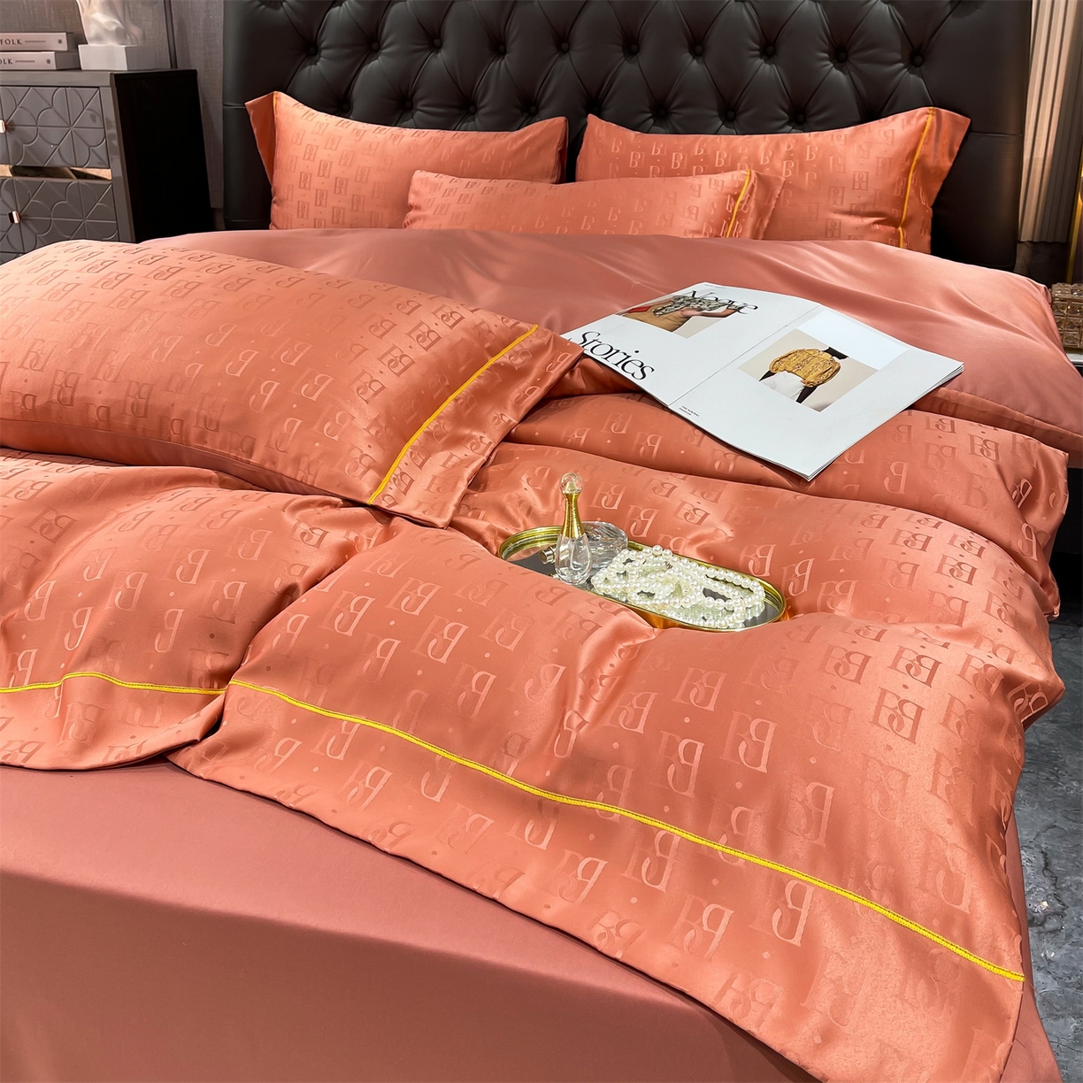 91家纺网 家纺一手货源 找家纺 经年 2026新款60S贡缎提花水洗真丝四件套 巴格莉-艾玛橙