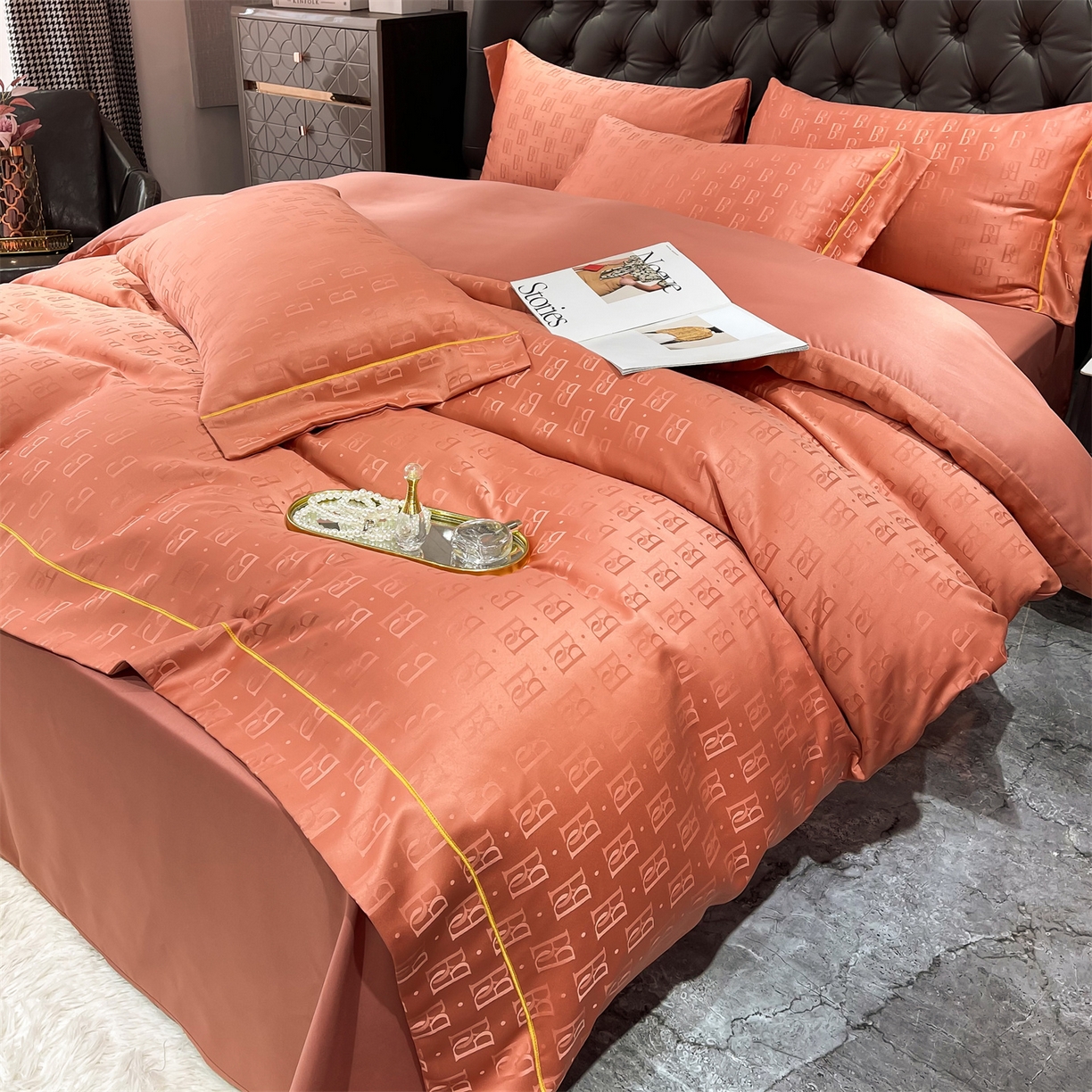 91家纺网 家纺一手货源 找家纺 经年 2026新款60S贡缎提花水洗真丝四件套 巴格莉-艾玛橙