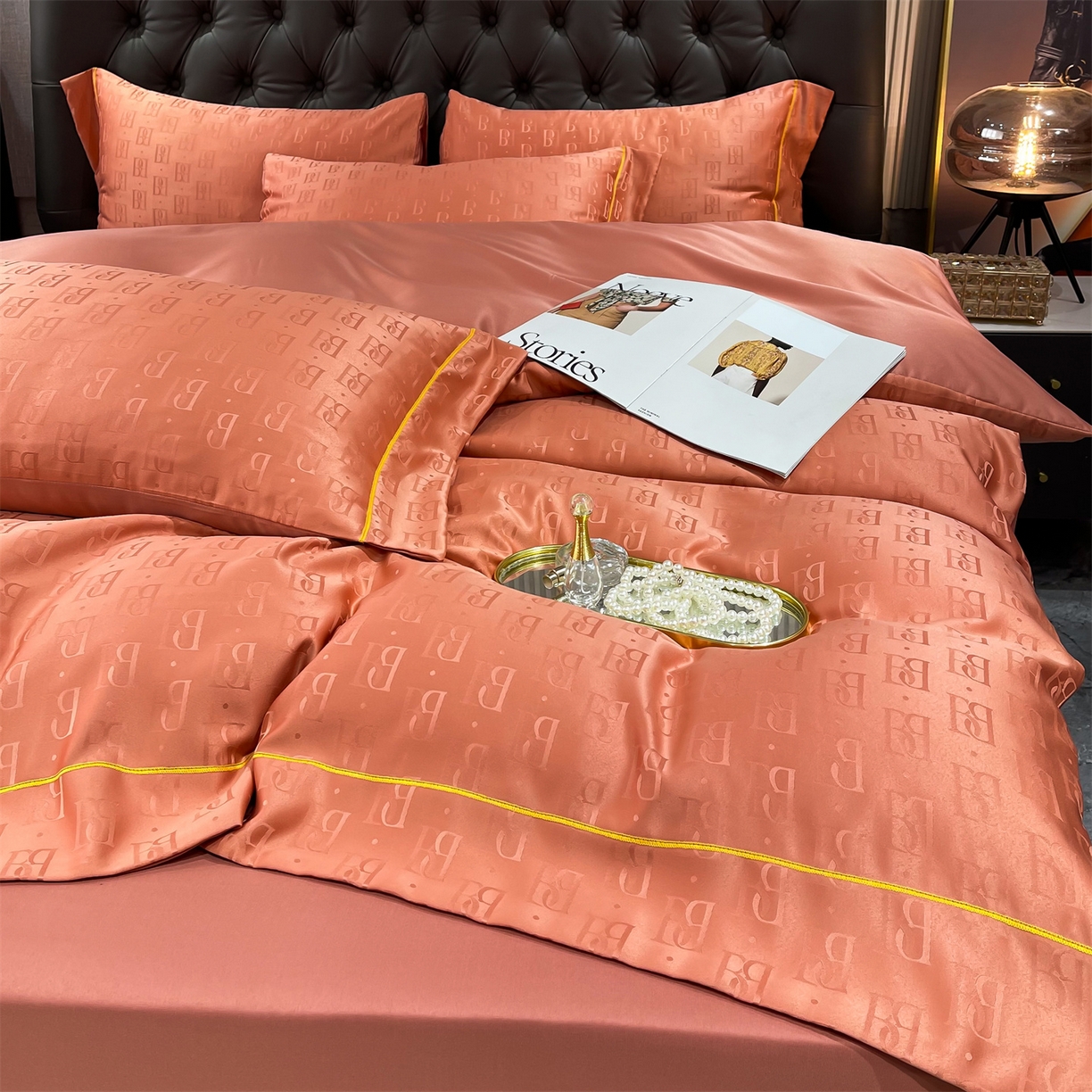 91家纺网 家纺一手货源 找家纺 经年 2026新款60S贡缎提花水洗真丝四件套 巴格莉-艾玛橙