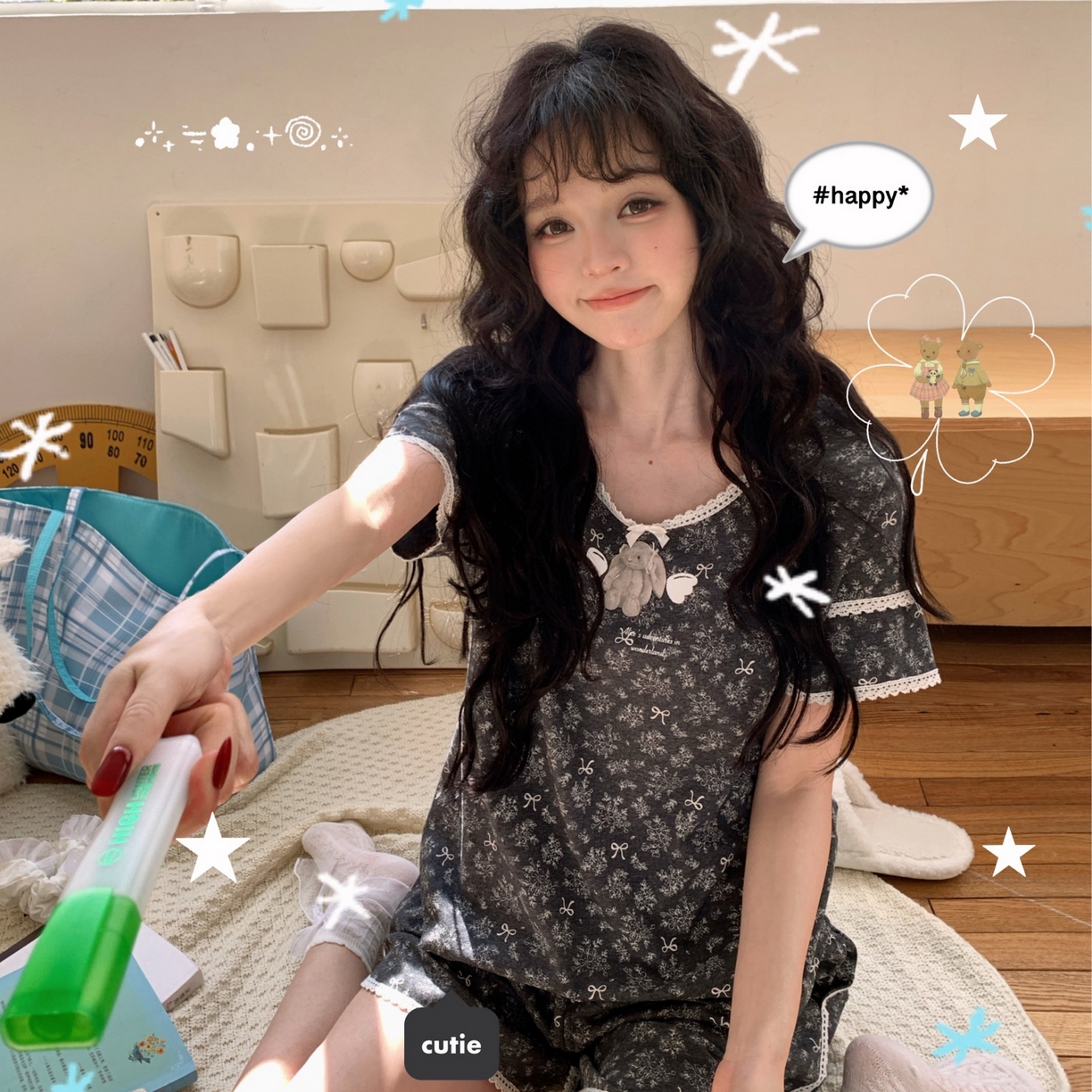 91家纺网 家纺一手货源 找家纺 （总）妍景家居生活馆 2026新款莱赛尔冰丝棉睡衣短裤两件套新叶子兔