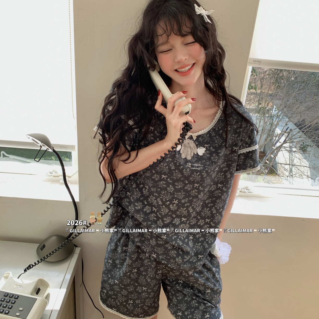 91家纺网 家纺一手货源 找家纺 （总）妍景家居生活馆 2026新款莱赛尔冰丝棉睡衣短裤两件套新叶子兔