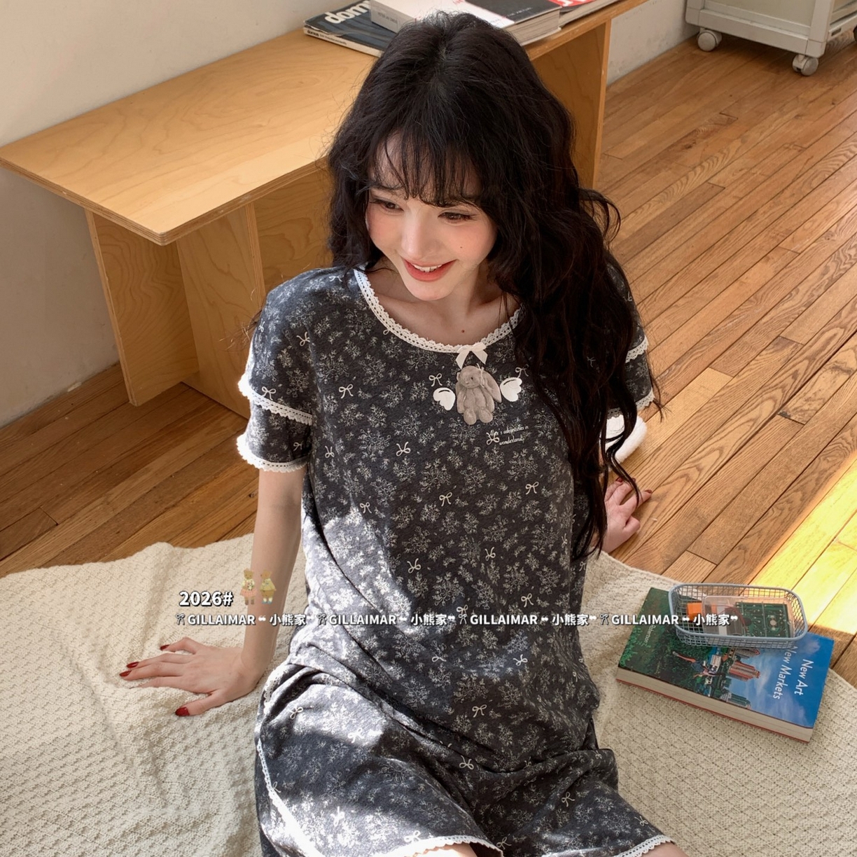 91家纺网 家纺一手货源 找家纺 （总）妍景家居生活馆 2026新款莱赛尔冰丝棉睡衣短裤两件套新叶子兔