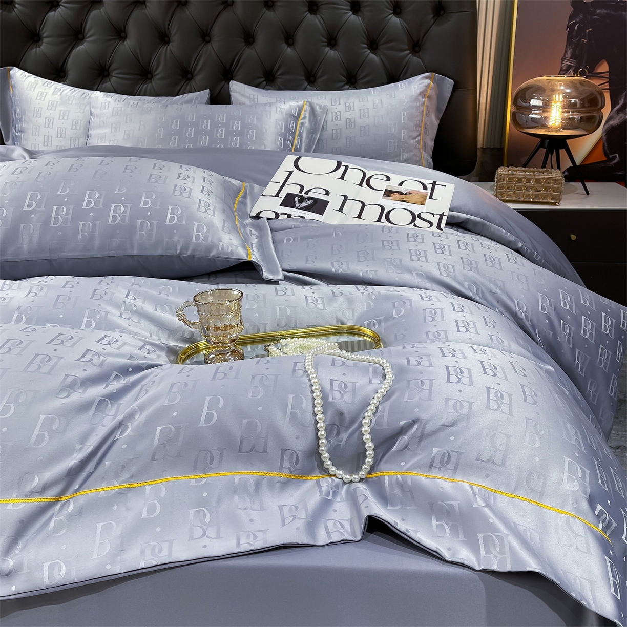 经年 2026新款60S贡缎提花水洗真丝四件套 巴格莉-石灰