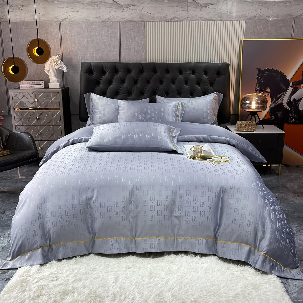 91家纺网 家纺一手货源 找家纺 经年 2026新款60S贡缎提花水洗真丝四件套 巴格莉-石灰