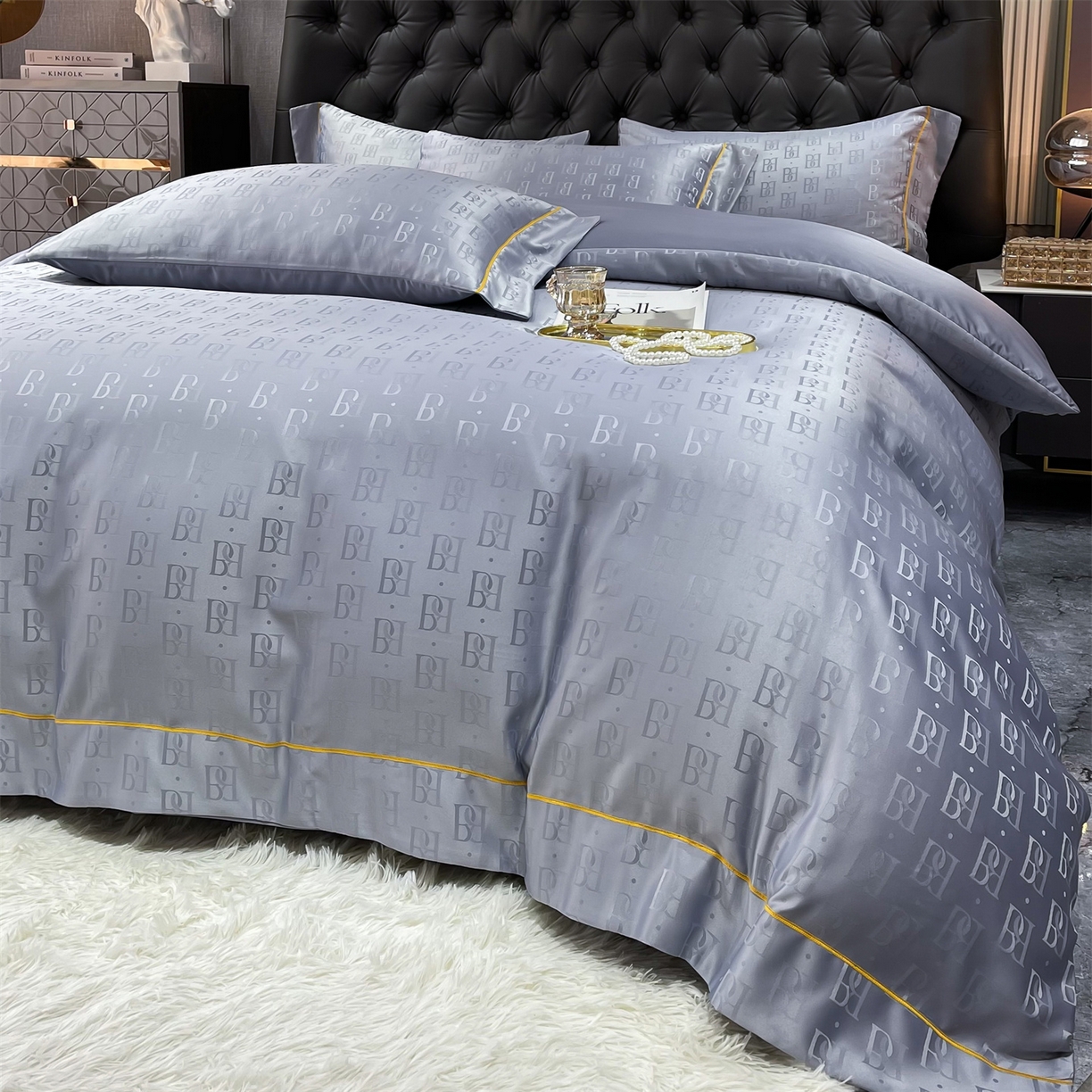 91家纺网 家纺一手货源 找家纺 经年 2026新款60S贡缎提花水洗真丝四件套 巴格莉-石灰