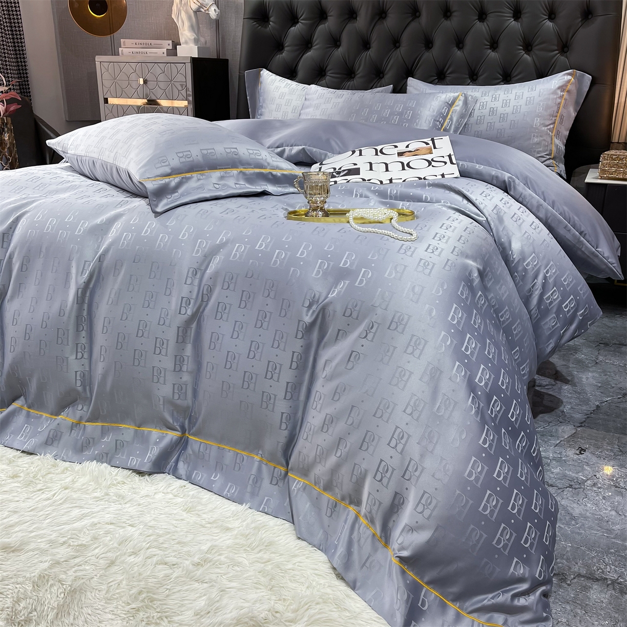 91家纺网 家纺一手货源 找家纺 经年 2026新款60S贡缎提花水洗真丝四件套 巴格莉-石灰