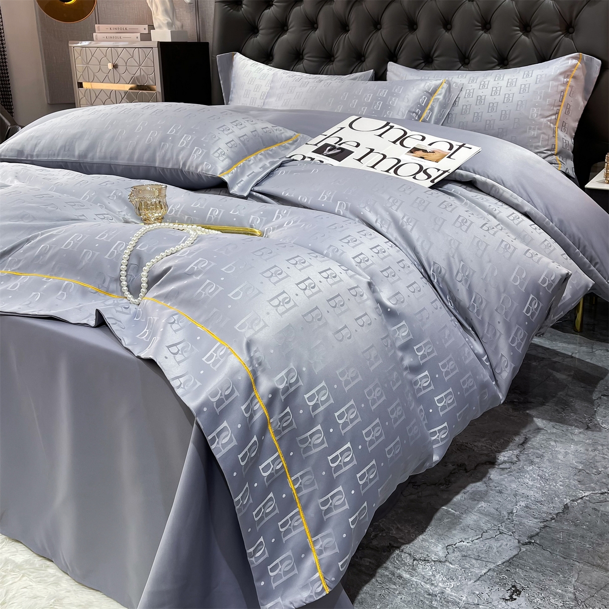 91家纺网 家纺一手货源 找家纺 经年 2026新款60S贡缎提花水洗真丝四件套 巴格莉-石灰