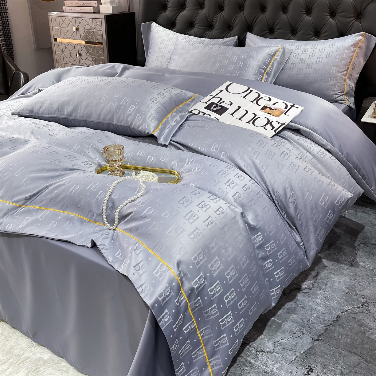 91家纺网 家纺一手货源 找家纺 经年 2026新款60S贡缎提花水洗真丝四件套 巴格莉-石灰