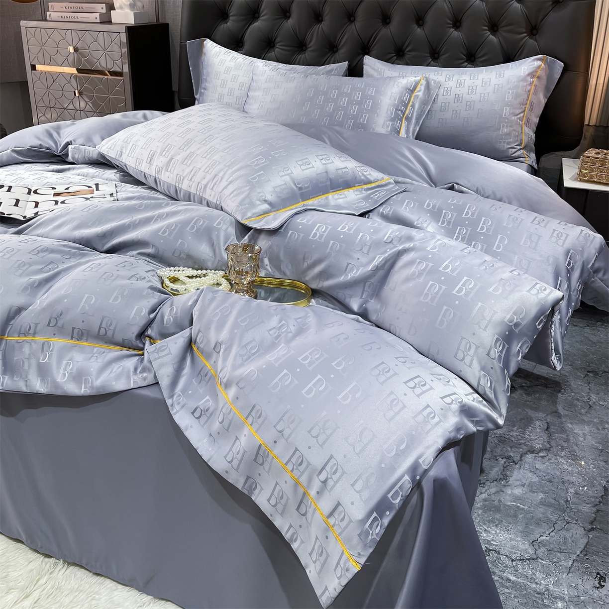 91家纺网 家纺一手货源 找家纺 经年 2026新款60S贡缎提花水洗真丝四件套 巴格莉-石灰