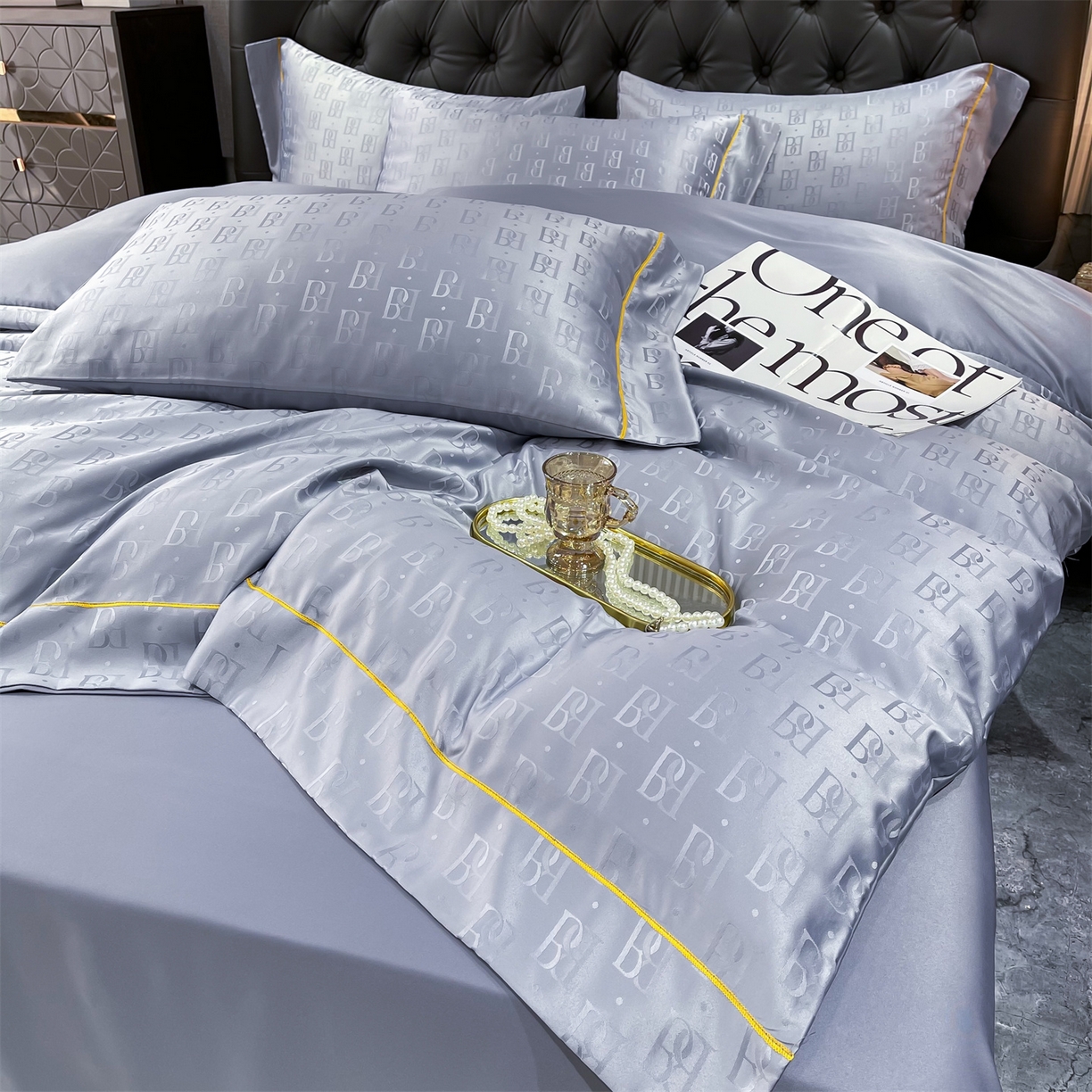 91家纺网 家纺一手货源 找家纺 经年 2026新款60S贡缎提花水洗真丝四件套 巴格莉-石灰