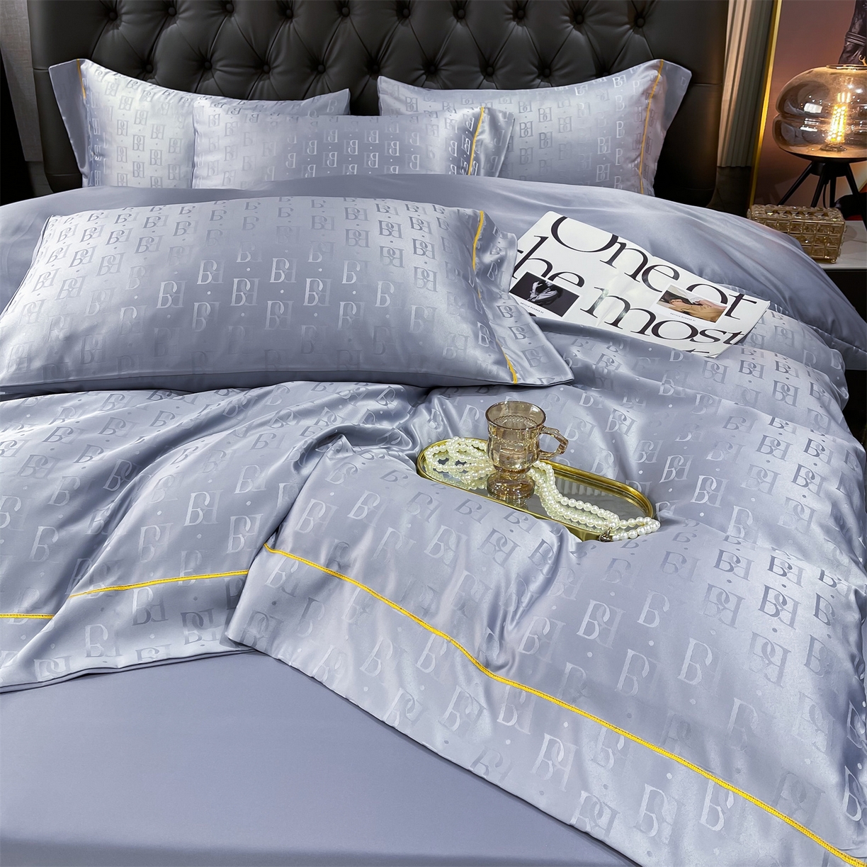 91家纺网 家纺一手货源 找家纺 经年 2026新款60S贡缎提花水洗真丝四件套 巴格莉-石灰