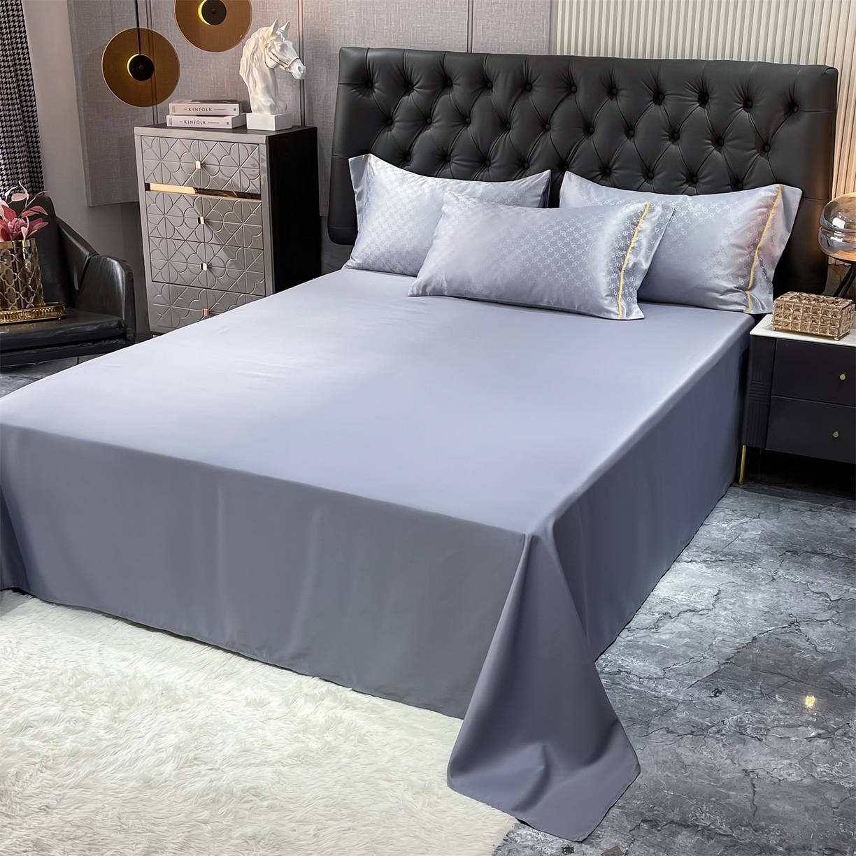 91家纺网 家纺一手货源 找家纺 经年 2026新款60S贡缎提花水洗真丝四件套 格调-石灰