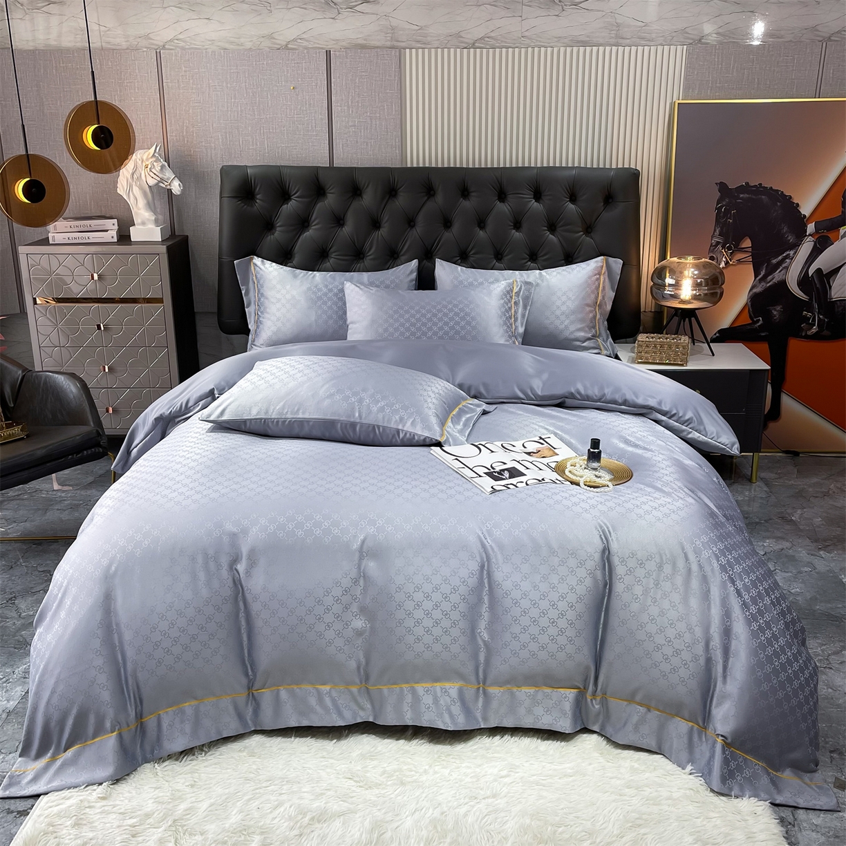 91家纺网 家纺一手货源 找家纺 经年 2026新款60S贡缎提花水洗真丝四件套 格调-石灰