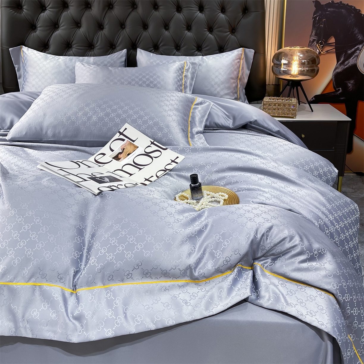 91家纺网 家纺一手货源 找家纺 经年 2026新款60S贡缎提花水洗真丝四件套 格调-石灰