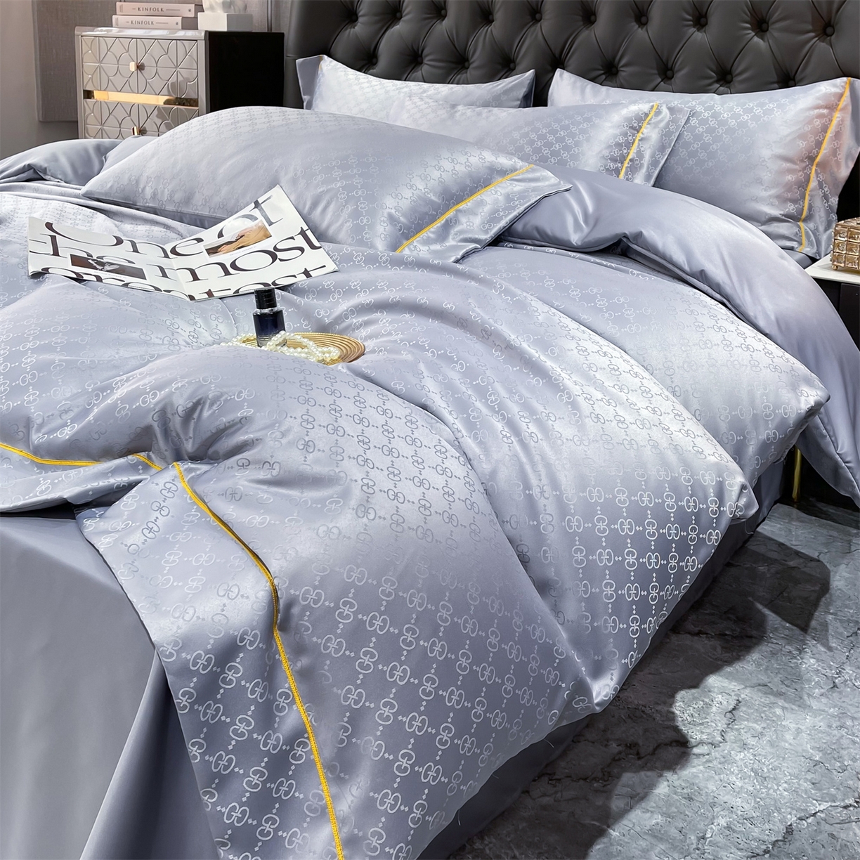 91家纺网 家纺一手货源 找家纺 经年 2026新款60S贡缎提花水洗真丝四件套 格调-石灰