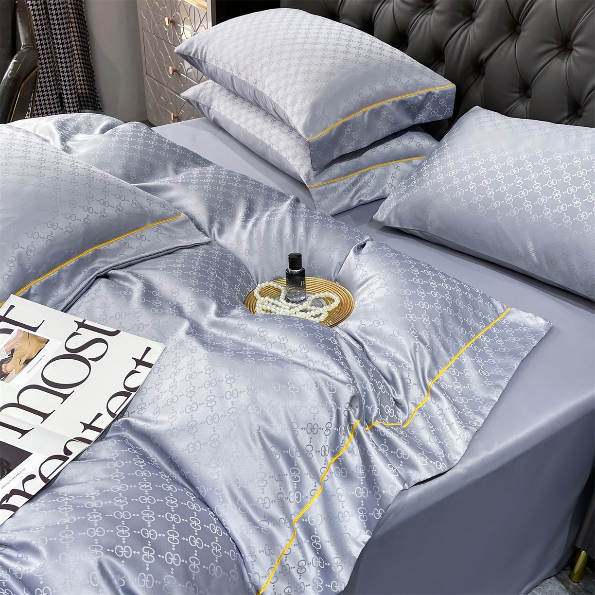 91家纺网 家纺一手货源 找家纺 经年 2026新款60S贡缎提花水洗真丝四件套 格调-石灰