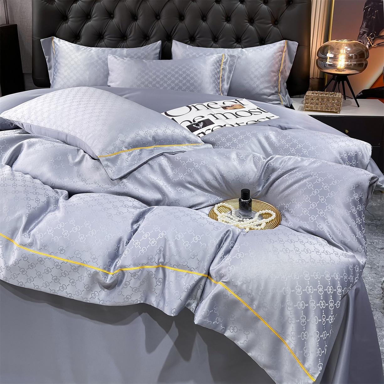 91家纺网 家纺一手货源 找家纺 经年 2026新款60S贡缎提花水洗真丝四件套 格调-石灰