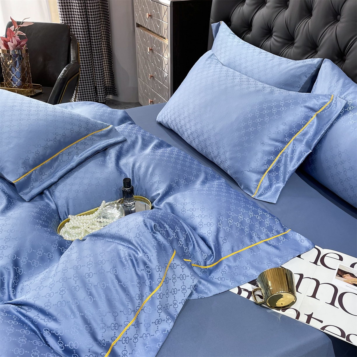 91家纺网 家纺一手货源 找家纺 经年 2026新款60S贡缎提花水洗真丝四件套 格调-艳兰