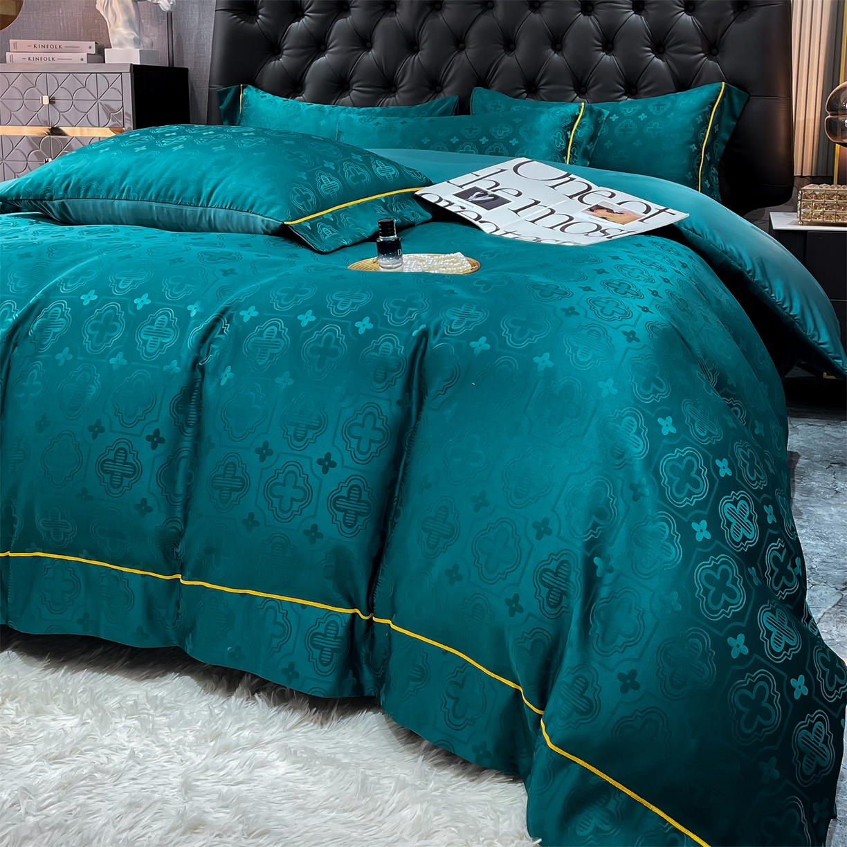 91家纺网 家纺一手货源 找家纺 经年 2026新款60S贡缎提花水洗真丝四件套 赛琳-时尚绿