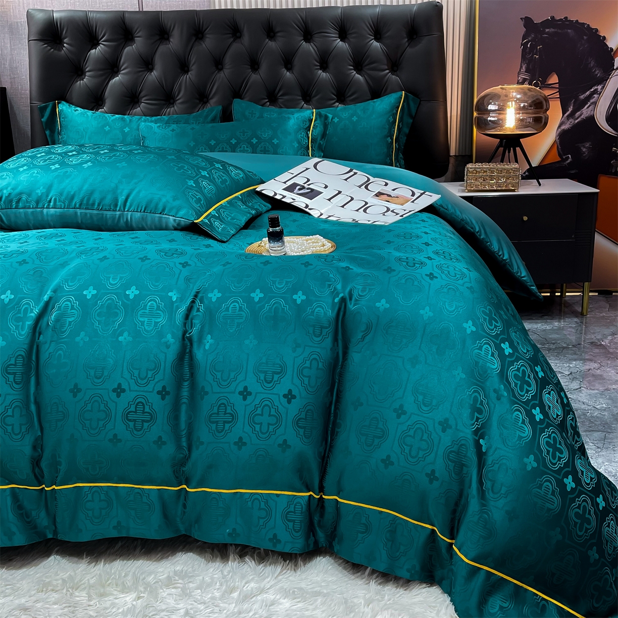 91家纺网 家纺一手货源 找家纺 经年 2026新款60S贡缎提花水洗真丝四件套 赛琳-时尚绿