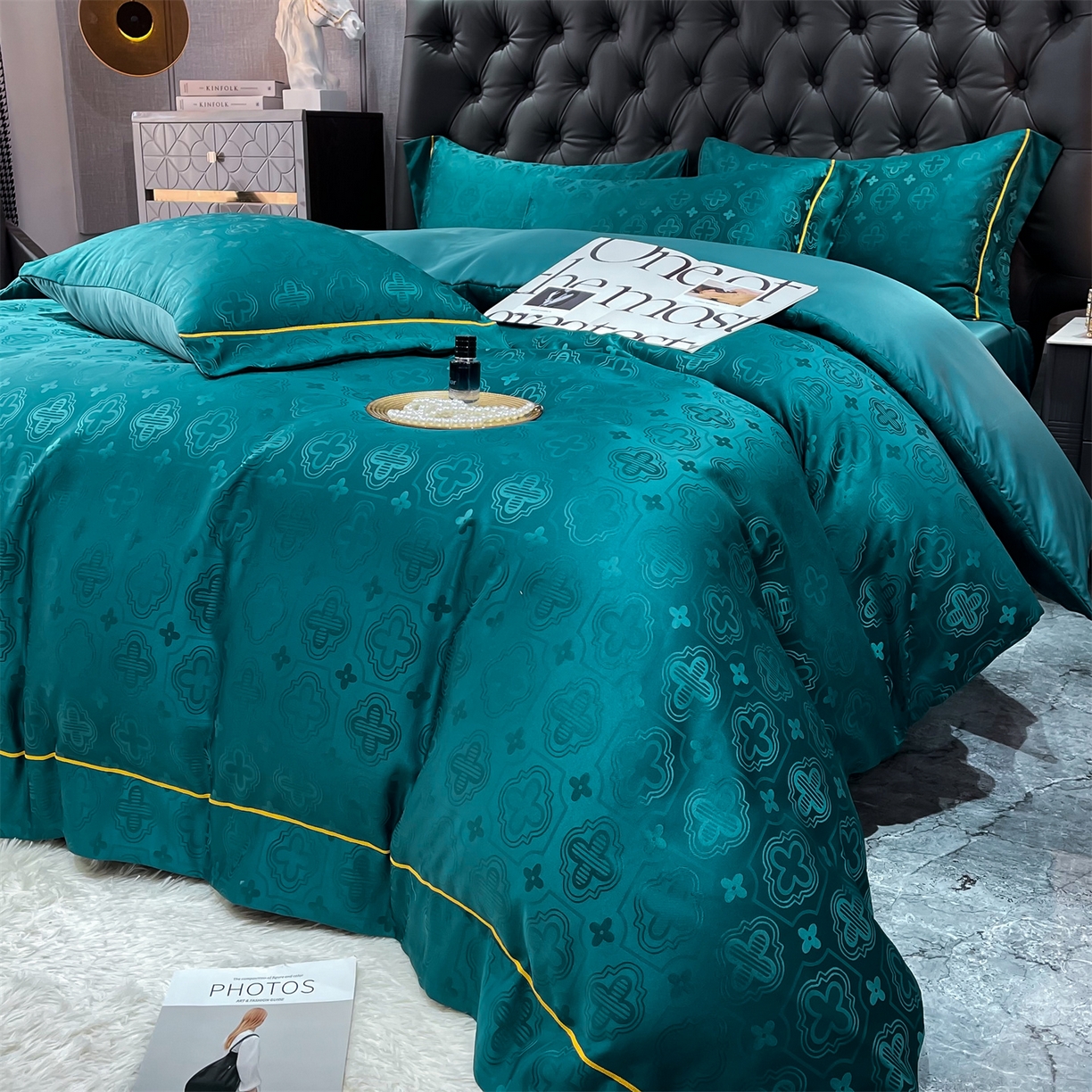 91家纺网 家纺一手货源 找家纺 经年 2026新款60S贡缎提花水洗真丝四件套 赛琳-时尚绿