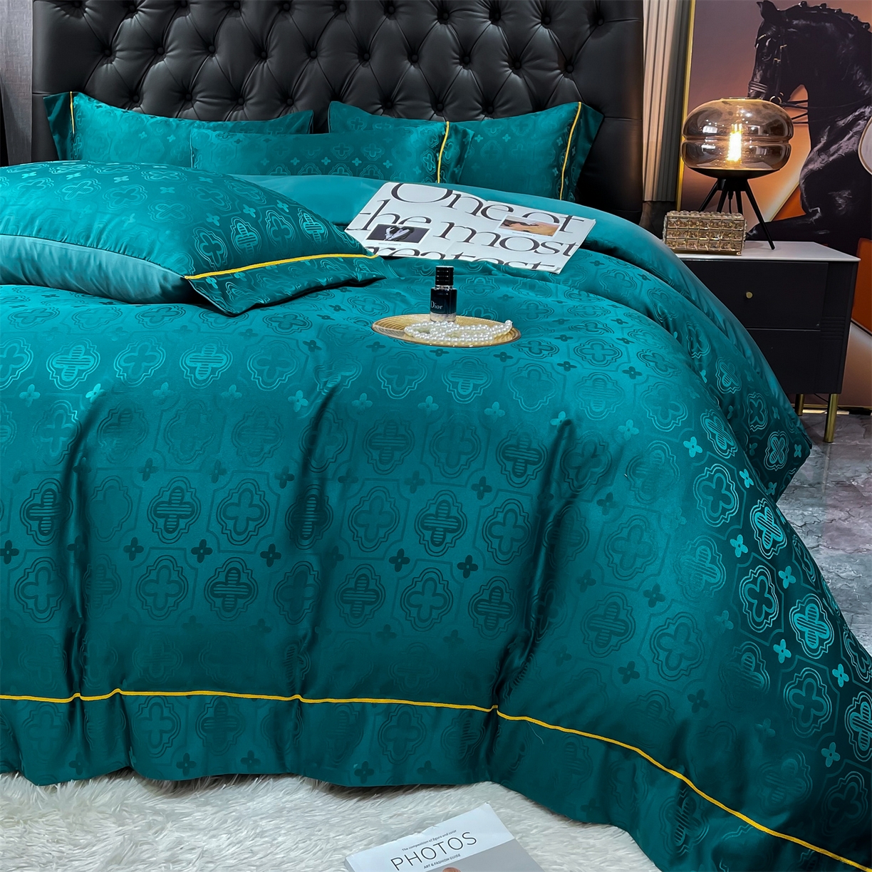 91家纺网 家纺一手货源 找家纺 经年 2026新款60S贡缎提花水洗真丝四件套 赛琳-时尚绿