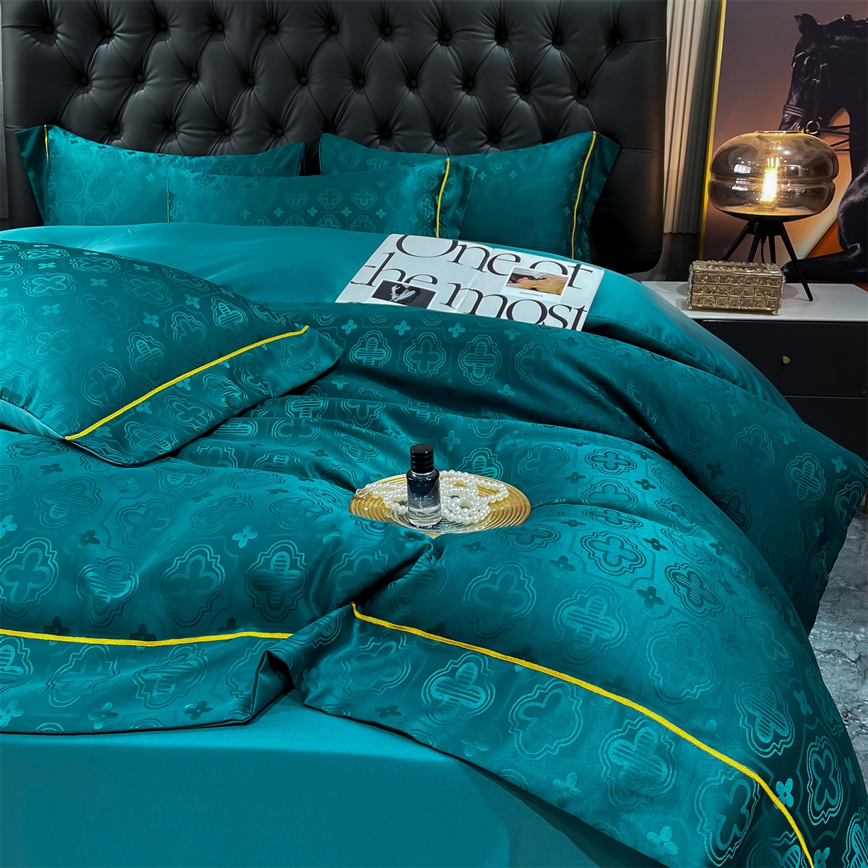 91家纺网 家纺一手货源 找家纺 经年 2026新款60S贡缎提花水洗真丝四件套 赛琳-时尚绿