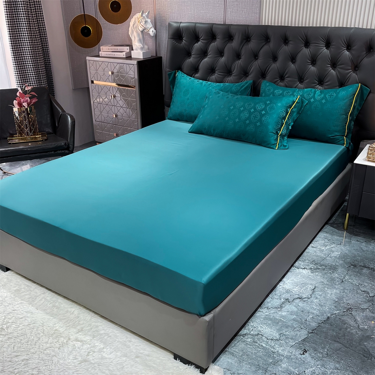 91家纺网 家纺一手货源 找家纺 经年 2026新款60S贡缎提花水洗真丝四件套 赛琳-时尚绿