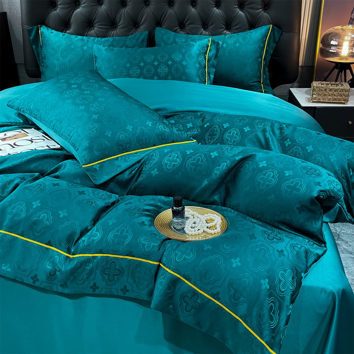 91家纺网 家纺一手货源 找家纺 经年 2026新款60S贡缎提花水洗真丝四件套 赛琳-时尚绿