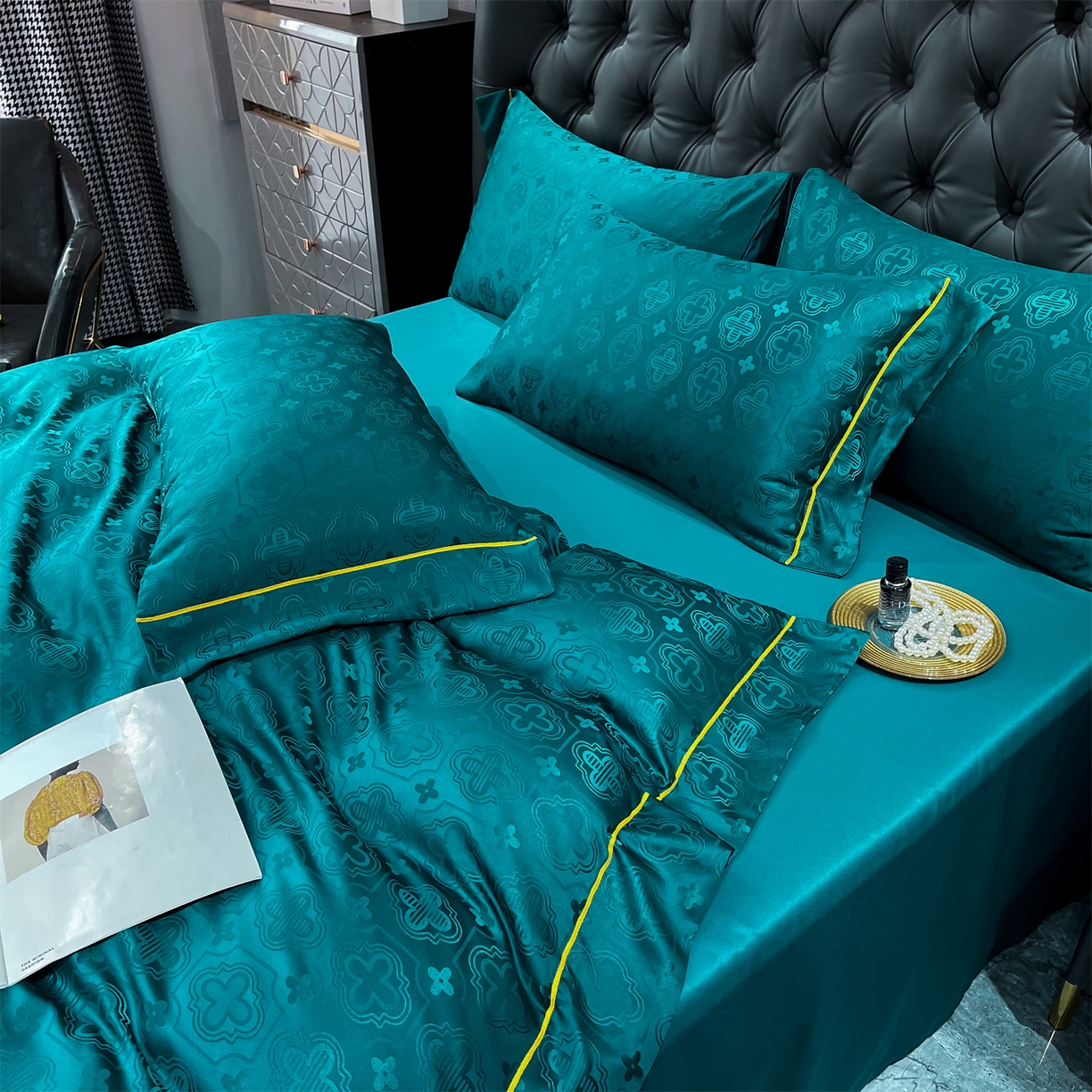 91家纺网 家纺一手货源 找家纺 经年 2026新款60S贡缎提花水洗真丝四件套 赛琳-时尚绿