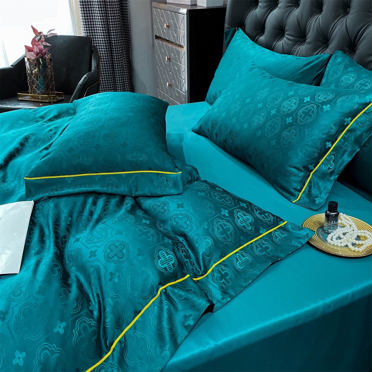 91家纺网 家纺一手货源 找家纺 经年 2026新款60S贡缎提花水洗真丝四件套 赛琳-时尚绿