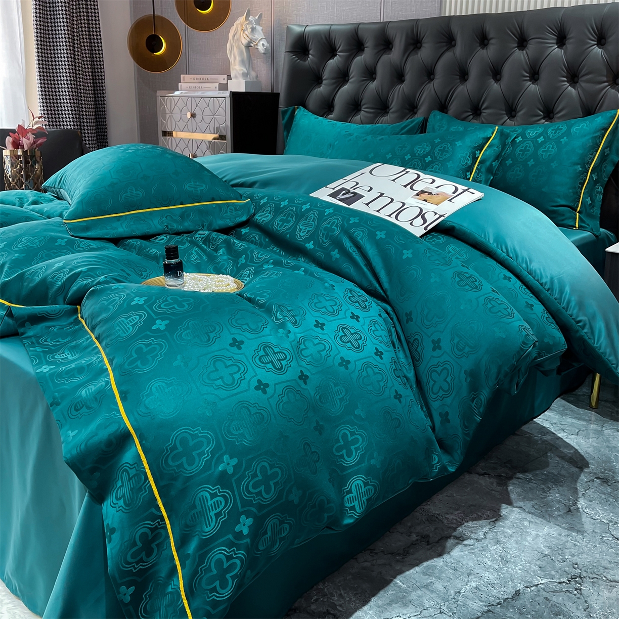 91家纺网 家纺一手货源 找家纺 经年 2026新款60S贡缎提花水洗真丝四件套 赛琳-时尚绿