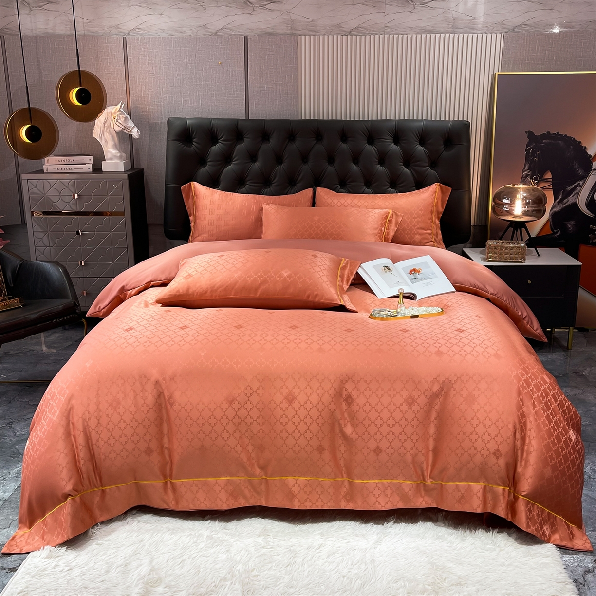 91家纺网 家纺一手货源 找家纺 经年 2026新款60S贡缎提花水洗真丝四件套 香瑾-艾玛橙