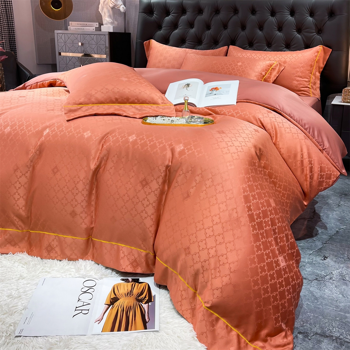 91家纺网 家纺一手货源 找家纺 经年 2026新款60S贡缎提花水洗真丝四件套 香瑾-艾玛橙