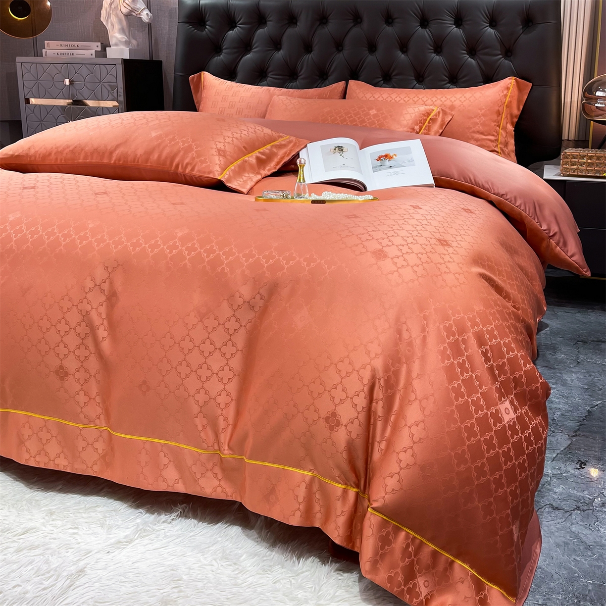 91家纺网 家纺一手货源 找家纺 经年 2026新款60S贡缎提花水洗真丝四件套 香瑾-艾玛橙