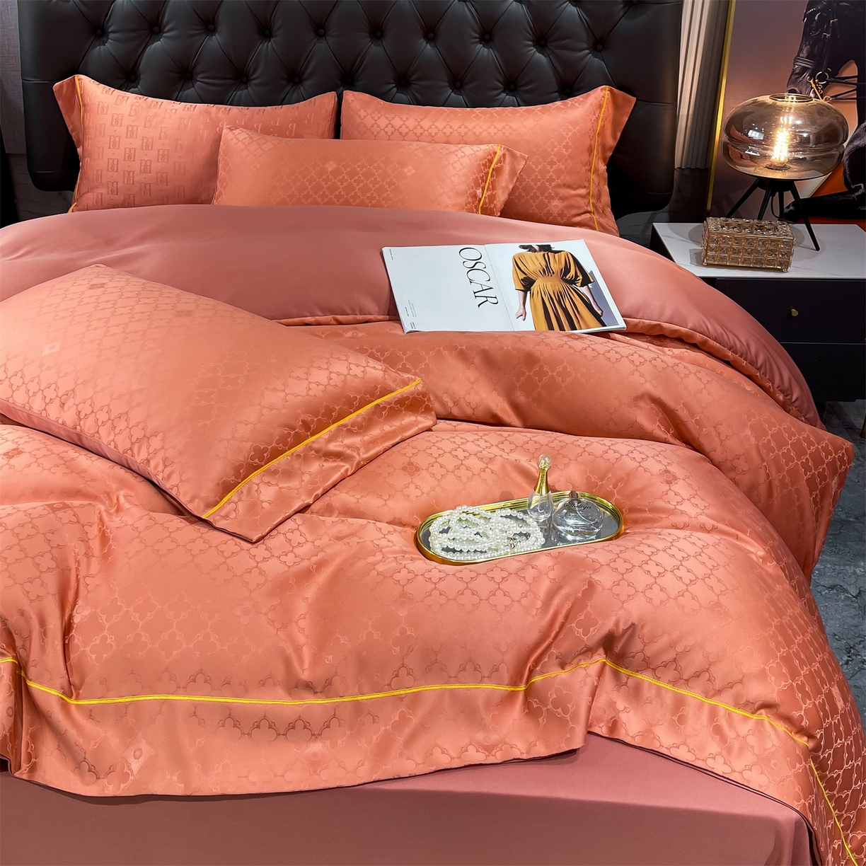 91家纺网 家纺一手货源 找家纺 经年 2026新款60S贡缎提花水洗真丝四件套 香瑾-艾玛橙