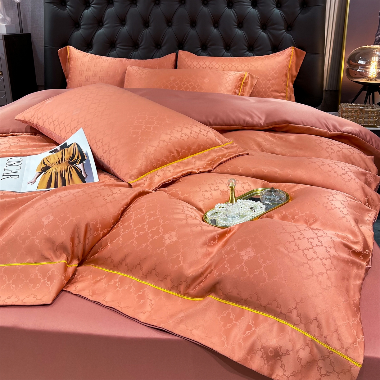 91家纺网 家纺一手货源 找家纺 经年 2026新款60S贡缎提花水洗真丝四件套 香瑾-艾玛橙